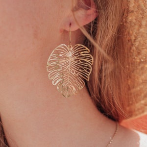 Beaten Brass, Gold Tempest 'Monsoon' Light Monstera Leaf Hammered Statement Earrings, Made in Cornwall, Plastic Free. Bridal, Ready to Gift. image 1