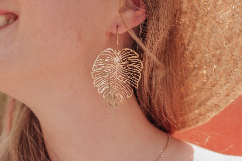 Beaten Brass, Gold Tempest 'Monsoon' Light Monstera Leaf Hammered Statement Earrings, Made in Cornwall, Plastic Free. Bridal, Ready to Gift. image 1