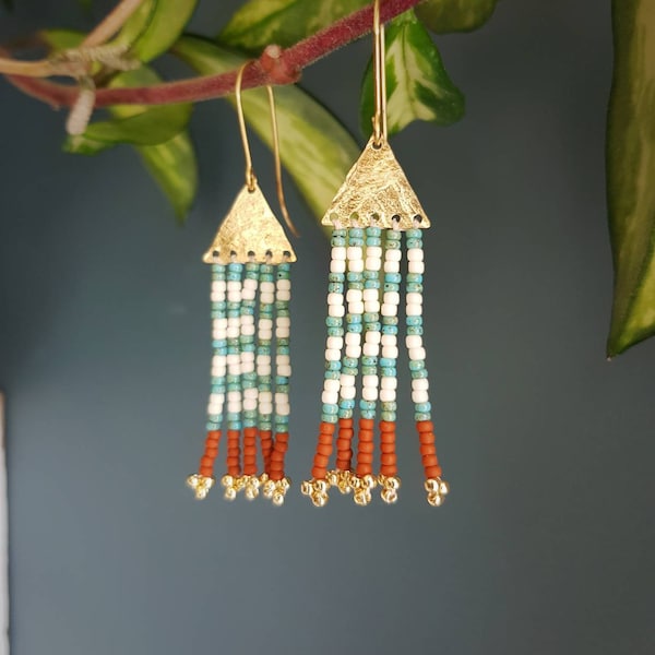 Beaten Brass Beaded Fringe Earrings, Turquoise Rust and Ivory Stripes, Karenza 'Poltesco' Made in Cornwall, Plastic Free. Ready to Gift.