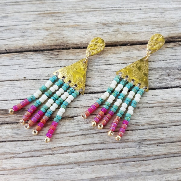 Turquoise and Hot Pink Beaten Brass Striped Beaded Fringe Stud Earrings, Karenza 'Zennor' Made in Cornwall, Plastic Free. Ready to Gift
