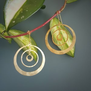 Beaten Brass, Gold Tempest 'Saturn' Hoops and Circles, Hammered Statement Earrings, Made in Cornwall, Plastic Free. Bridal, Ready to Gift.