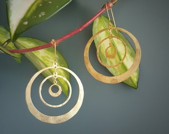 Beaten Brass, Gold Tempest 'Saturn' Hoops and Circles, Hammered Statement Earrings, Made in Cornwall, Plastic Free. Bridal, Ready to Gift.