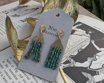 Gold and Turquoise Beaten Brass Stud Earrings, Hand Beaded Fringe, Ancient Egyptian 'Thebes' in 'Faience', Silk or Cotton, Plastic Free.