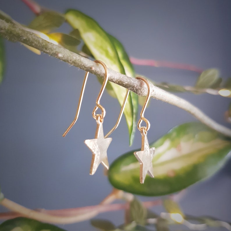 Minimalist Gold Star 'Mini Stella' Beaten Brass Elegant Hammered Earrings, Handmade in Cornwall, Plastic Free. Bridal, Ready to Gift. image 4