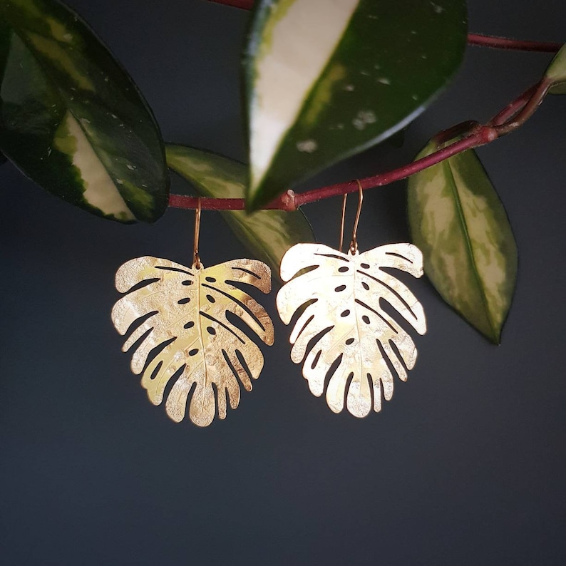 Beaten Brass, Gold Tempest 'Tropic' Large Monstera Leaf Hammered Statement Earrings, Made in Cornwall, Plastic Free. Bridal, Ready to Gift. image 2