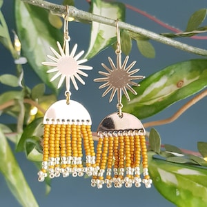 Mustard and Gold beaded fringe 'Icarus' earrings, in 'Yellow Ochre'. Hand made in Cornwall. Plastic Free. Gift Wrapped as Standard. image 1