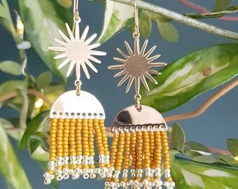 Mustard and Gold beaded fringe 'Icarus' earrings, in 'Yellow Ochre'. Hand made in Cornwall. Plastic Free. Gift Wrapped as Standard.