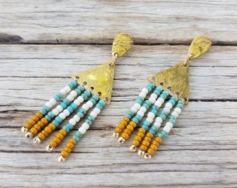 Gold and Turquoise Beaten Brass Striped Beaded Fringe Stud Earrings, Karenza 'St.Ives' Made in Cornwall, Plastic Free. Ready to Gift