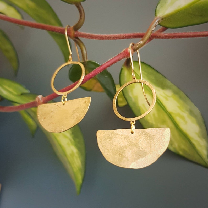 Beaten Brass, Gold Tempest 'Umbra' Abstract Geometric Hammered Statement Earrings, Made in Cornwall, Plastic Free. Bridal, Ready to Gift. image 2
