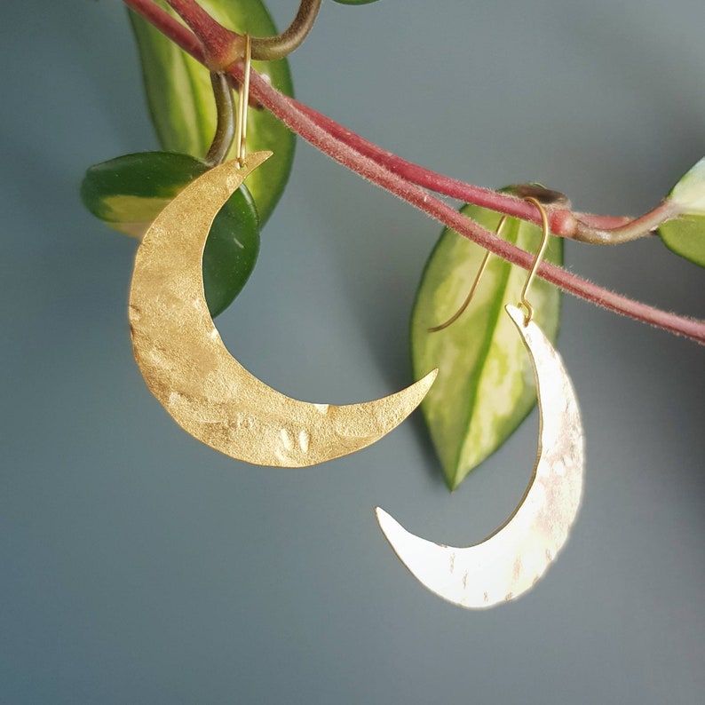 Beaten Brass, Gold Tempest 'Artemis' Large Moon Hammered Statement Earrings, Handmade in Cornwall, Plastic Free. Bridal, Ready to Gift. image 6