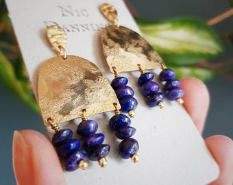 Lapis Lazuli and Gold Stud, Hera 'Olympus' Beaten Brass and Royal Blue Statement Earrings. Plastic Free Shop. Ready to Gift