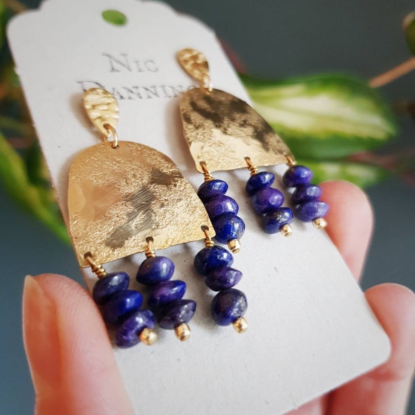 Lapis Lazuli and Gold Stud, Hera 'Olympus' Beaten Brass and Royal Blue Statement Earrings. Plastic Free Shop. Ready to Gift