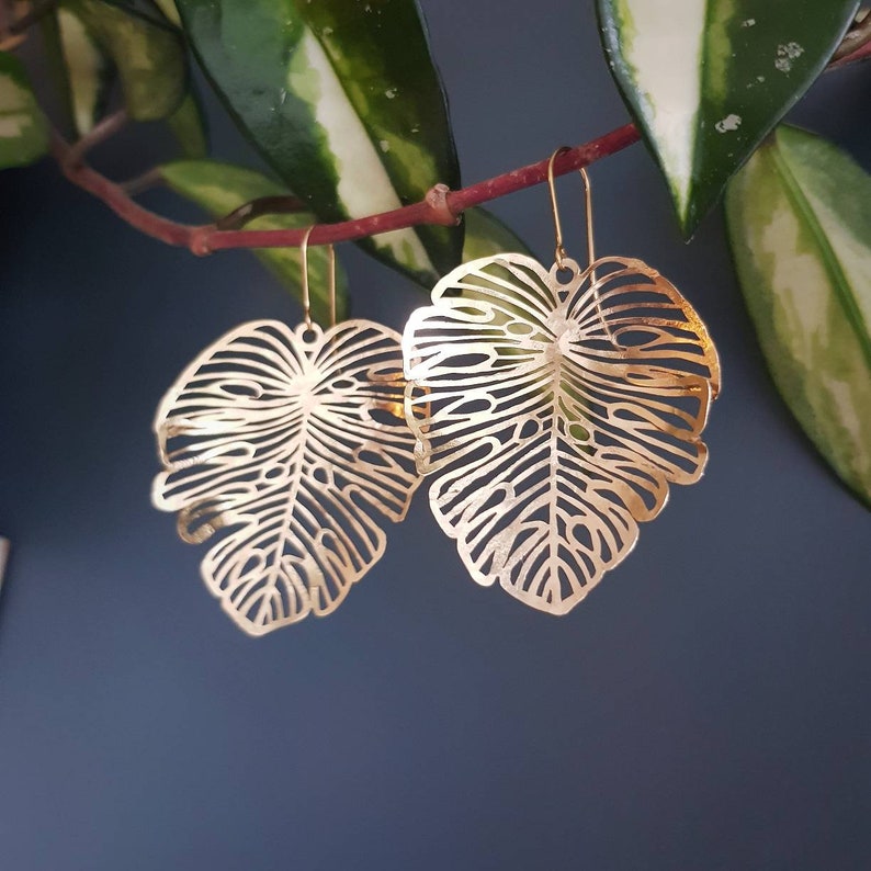 Beaten Brass, Gold Tempest 'Monsoon' Light Monstera Leaf Hammered Statement Earrings, Made in Cornwall, Plastic Free. Bridal, Ready to Gift. image 6
