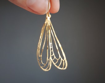 Golden Wings 'Naiad' Dragonfly Earrings, Hammered, Beaten Brass, Made in Cornwall. Plastic free Product, P&P, Ready to Gift.