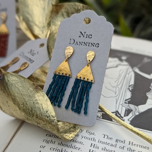 Gold and Teal Beaten Brass Stud Earrings, Hand Beaded Fringe, Ancient Egyptian 'Thebes' in 'Delta', Silk or Cotton, Plastic Free. zdjęcie 5