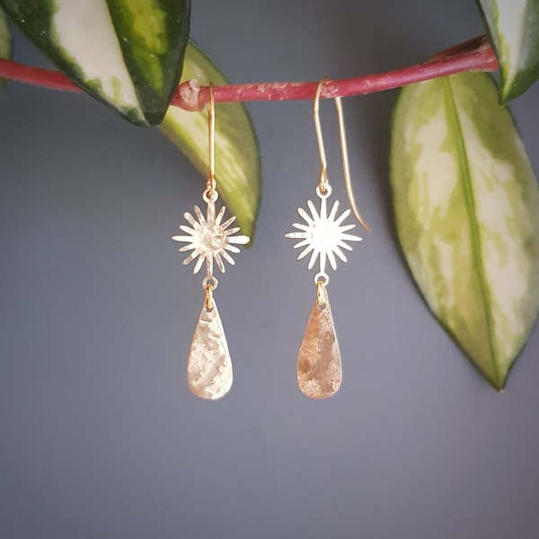 Beaten Brass, Gold Tempest 'Aurora' Elegant Drop & Star, Hammered Statement Earrings, Made in Cornwall, Plastic Free. Bridal, Ready to Gift.
