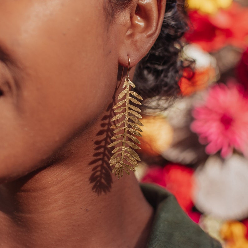 Beaten Brass, Gold Tempest 'Frond' Long Palm Leaf Hammered Statement Earrings, Handmade in Cornwall, Plastic Free. Bridal, Ready to Gift. image 5