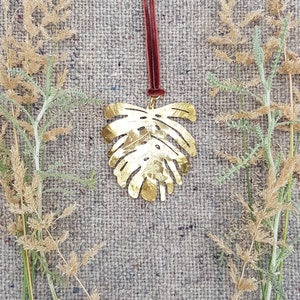 Gold Leaf Pendant 'Tropic' Statement Beaten Brass Monstera, Long Velvet Ribbon, Nine Colour Choices, Plastic Free Postage, Ready to Gift. image 3