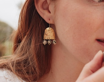Beaten Brass Dalmatian Jasper Statement Earrings, Gold Arch, Handmade, Plastic free Product, Ready to Gift.