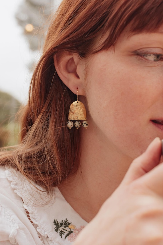 Beaten Brass Dalmatian Jasper Statement Earrings, Gold Arch, Handmade, Plastic free Product, Ready to Gift.