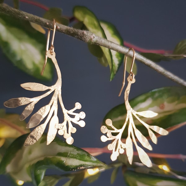 Golden Leaf Sprig 'Daphne' Botanical Earrings, Beaten Brass, Eco Friendly Stainless Steel, Made in Cornwall, Bridal, Ready to Gift.