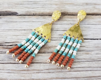 Turquoise and Rust Beaten Brass Striped Beaded Fringe Stud Earrings, Karenza 'Poltesco' Made in Cornwall, Plastic Free. Ready to Gift
