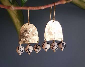 Beaten Brass and Dalmatian Jasper 'Atlas' Statement Earrings, Gold Arch, Made in Cornwall, Plastic Free, Ready to Gift.