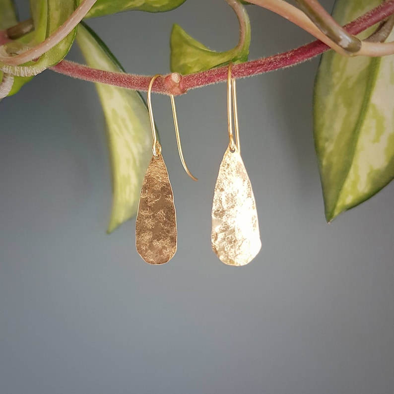 Beaten Brass, Gold Tempest 'Ros' Elegant Tear Drop, Hammered Statement Earrings, Handmade in Cornwall, Plastic Free. Bridal, Ready to Gift. image 1