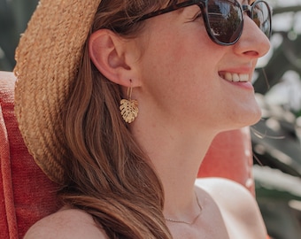 Beaten Brass, Gold Tempest 'Mini Tropic' Monstera Leaf Hammered Statement Earrings, Made in Cornwall, Plastic Free. Bridal, Ready to Gift.