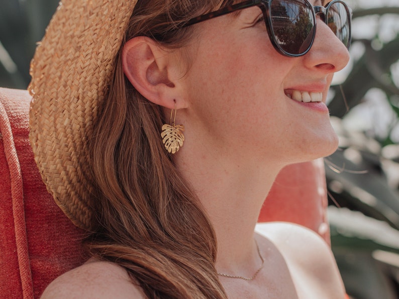 Beaten Brass, Gold Tempest 'Mini Tropic' Monstera Leaf Hammered Statement Earrings, Made in Cornwall, Plastic Free. Bridal, Ready to Gift. image 2