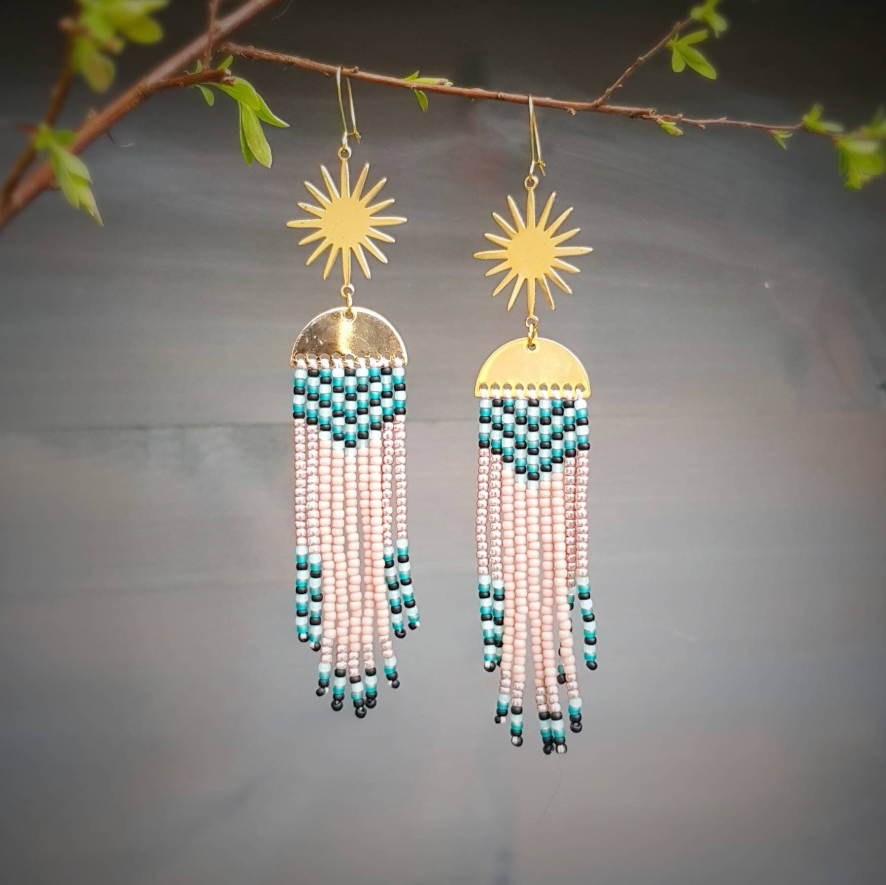 Jay Sunrise Beaded Fringe Earrings, Gold Plated. Made in Cornwall. Free Polishing Cloth Included. Plastic Shop