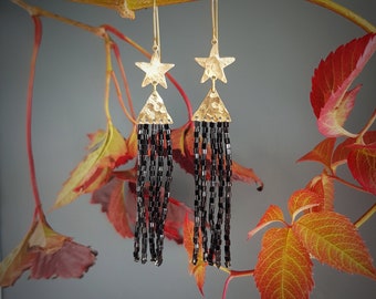 Gold and Black Earrings, Beaded Fringe and Star, in 'Raven', Made in Cornwall, Plastic Free, Vegan Opt Available, Ready to Gift