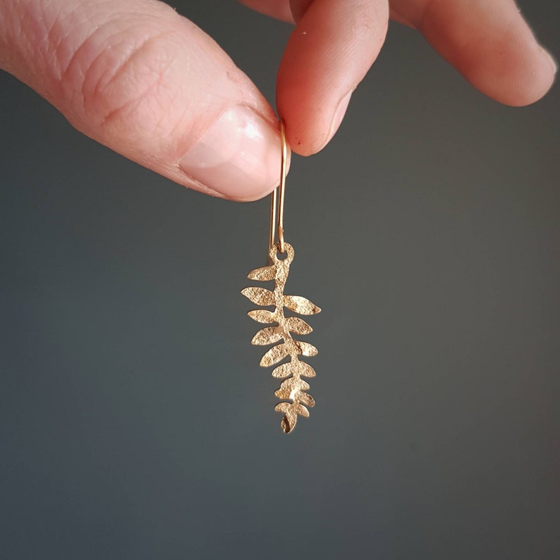 Beaten Brass, Gold Tempest 'Folia' Little Leaf Sprig Hammered Statement Earrings, Handmade in Cornwall, Plastic Free. Bridal, Ready to Gift. image 3
