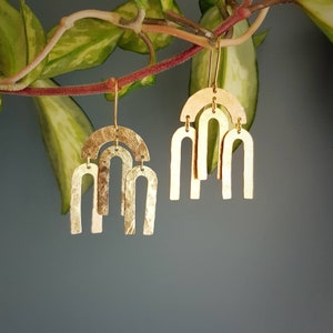 Beaten Brass, Gold Tempest &#39;Art Deco Rainbow&#39; Hammered Arches Statement Earrings, Handmade in Cornwall, Plastic Free. Bridal, Ready to Gift.