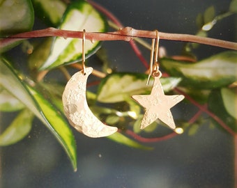 Gold Moon and Star 'Stella Luna' Beaten Brass, Hammered Mismatched Earrings, Made in Cornwall, Plastic Free. Bridal, Ready to Gift.