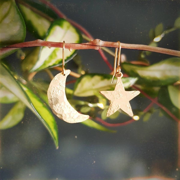 Gold Moon and Star 'Stella Luna' Beaten Brass, Hammered Mismatched Earrings, Made in Cornwall, Plastic Free. Bridal, Ready to Gift.