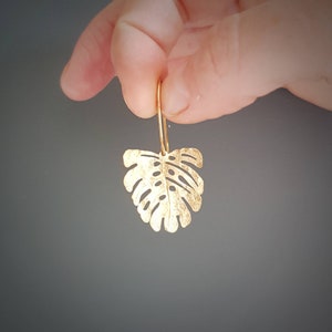 Beaten Brass, Gold Tempest 'Mini Tropic' Monstera Leaf Hammered Statement Earrings, Made in Cornwall, Plastic Free. Bridal, Ready to Gift. image 3
