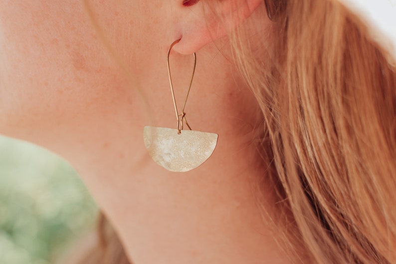 Beaten Brass, Gold Tempest 'Eclipse' Half Moon, Hammered Statement Earrings, Handmade in Cornwall, Plastic Free. Bridal, Ready to Gift. image 2