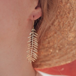 Beaten Brass, Gold Tempest 'Frond' Long Palm Leaf Hammered Statement Earrings, Handmade in Cornwall, Plastic Free. Bridal, Ready to Gift. image 3