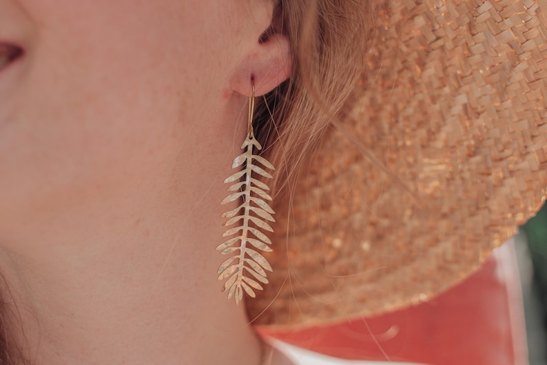 Beaten Brass, Gold Tempest 'Frond' Long Palm Leaf Hammered Statement Earrings, Handmade in Cornwall, Plastic Free. Bridal, Ready to Gift. image 3