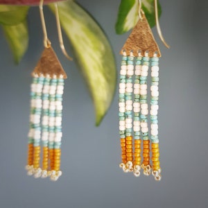 Beaten Brass Beaded Fringe Earrings, Turquoise Mustard & Ivory Stripes, Karenza 'St. Ives' Made in Cornwall, Plastic Free. Ready to Gift image 2