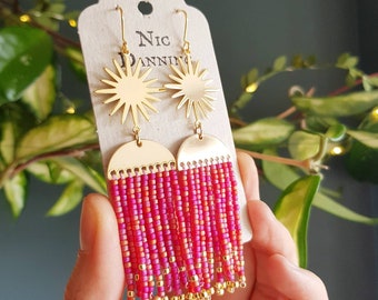 Gold and Pink, Beaded Fringe Hera 'Oracle' Earrings in 'Saturnalia', made in Cornwall, Plastic Free Shop, Bridal, Ready to Gift.