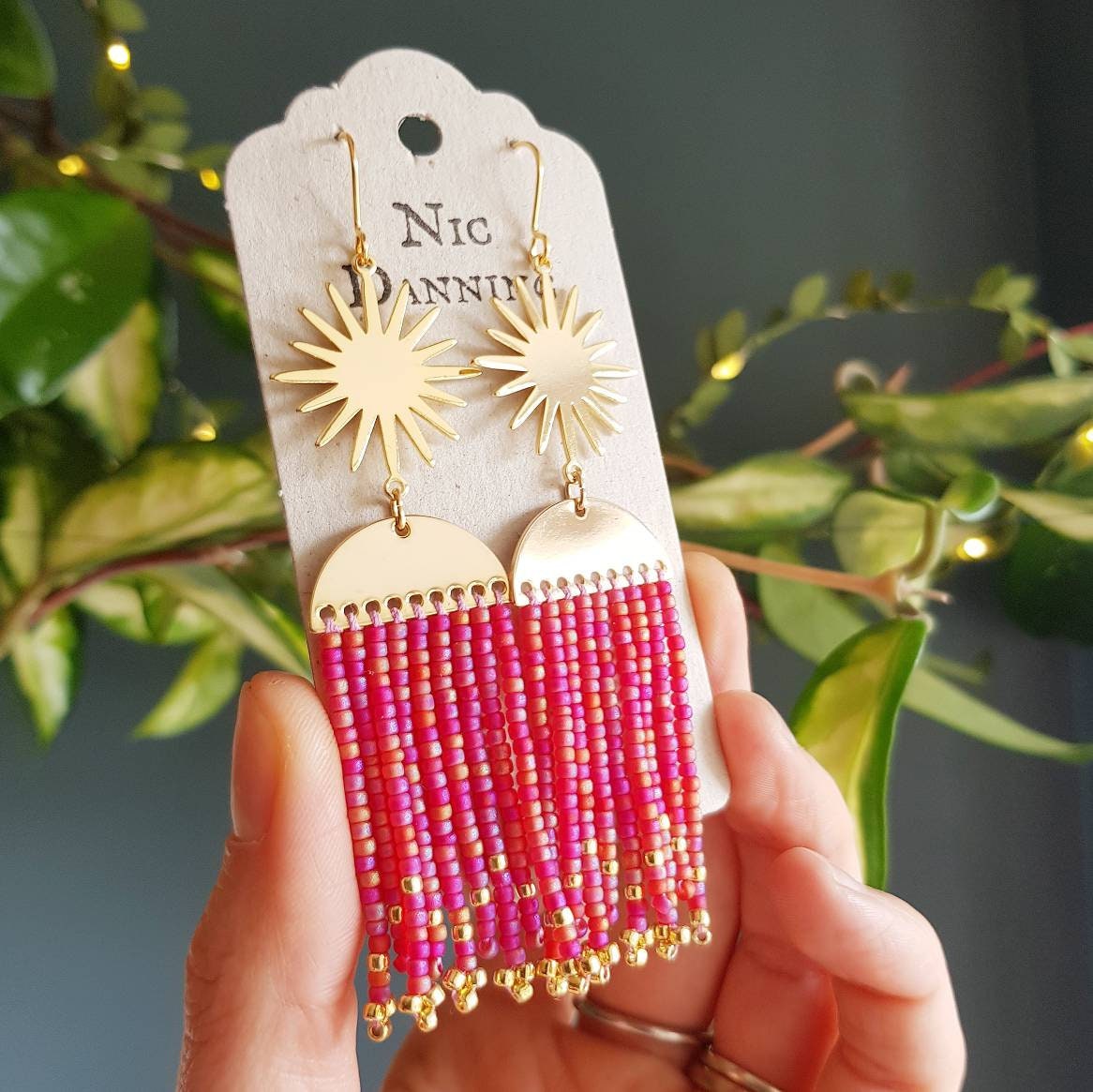 Gold & Pink, Beaded Fringe Hera "Oracle’ Earrings in