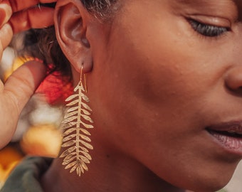 Beaten Brass, Gold Tempest 'Frond' Long Palm Leaf Hammered Statement Earrings, Handmade in Cornwall, Plastic Free. Bridal, Ready to Gift.