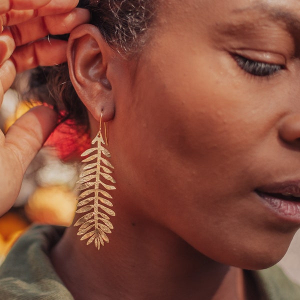 Beaten Brass, Gold Tempest 'Frond' Long Palm Leaf Hammered Statement Earrings, Handmade in Cornwall, Plastic Free. Bridal, Ready to Gift.