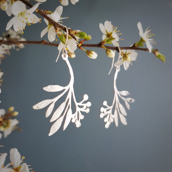 Silver Leaf Sprig 'Daphne' Earrings, Hammered, Eco Friendly Stainless Steel, Made in Cornwall. Plastic free Product, Postage and Packaging.