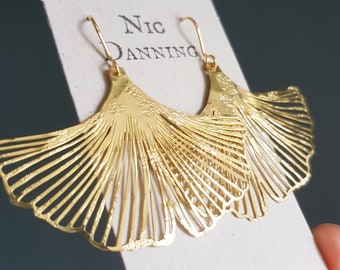 Golden Leaves MAXI 'Ginkgo' Earrings, Hammered Brass, Made in Cornwall. Plastic free Product, Ready to Gift.