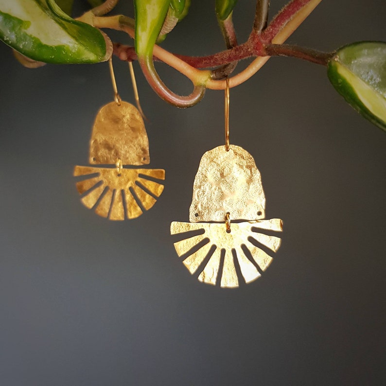 Beaten Brass, Gold Tempest 'Cardoon' Arch & Fan, Thistle Hammered Statement Earrings, Made in Cornwall, Plastic Free. Bridal, Ready to Gift. image 1