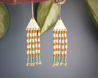 Beaten Brass Beaded Fringe Earrings, Mustard Ivory and Turquoise Stripes, Karenza 'Gwithian' Made in Cornwall, Plastic Free. Ready to Gift.