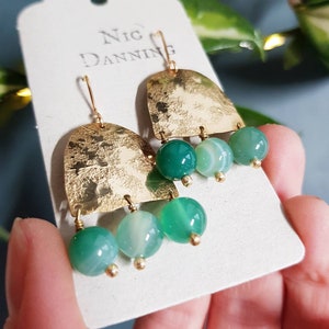 Beaten Brass and Green Agate 'Themis' Statement Earrings, Gold Arch nd Emerald Green, Made in Cornwall, Plastic Free, Ready to Gift.